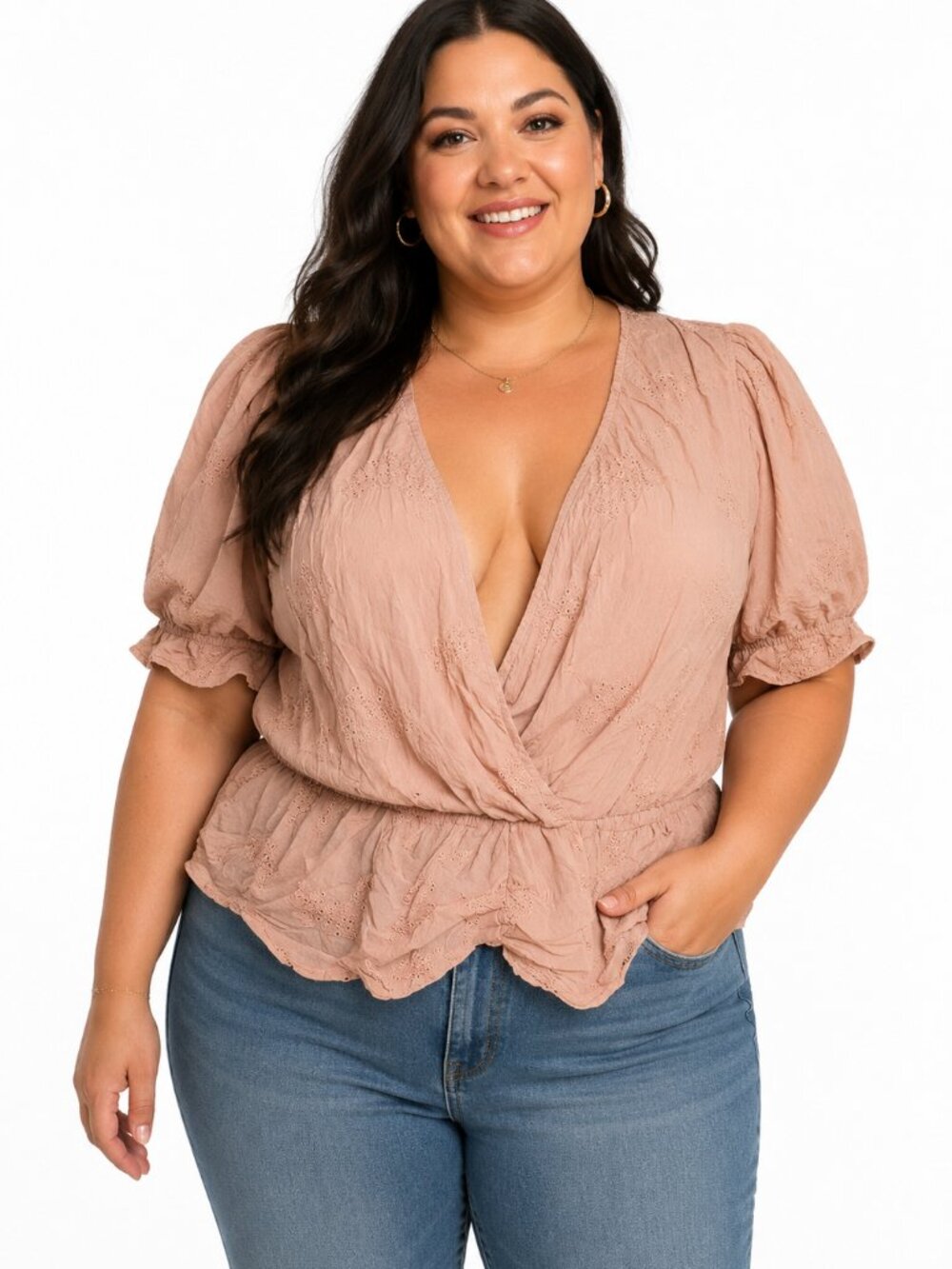 *3 FOR $9* Forever 21+ Crop Cropped Beige Cross Over Faux Wrap Embroidered Shirt